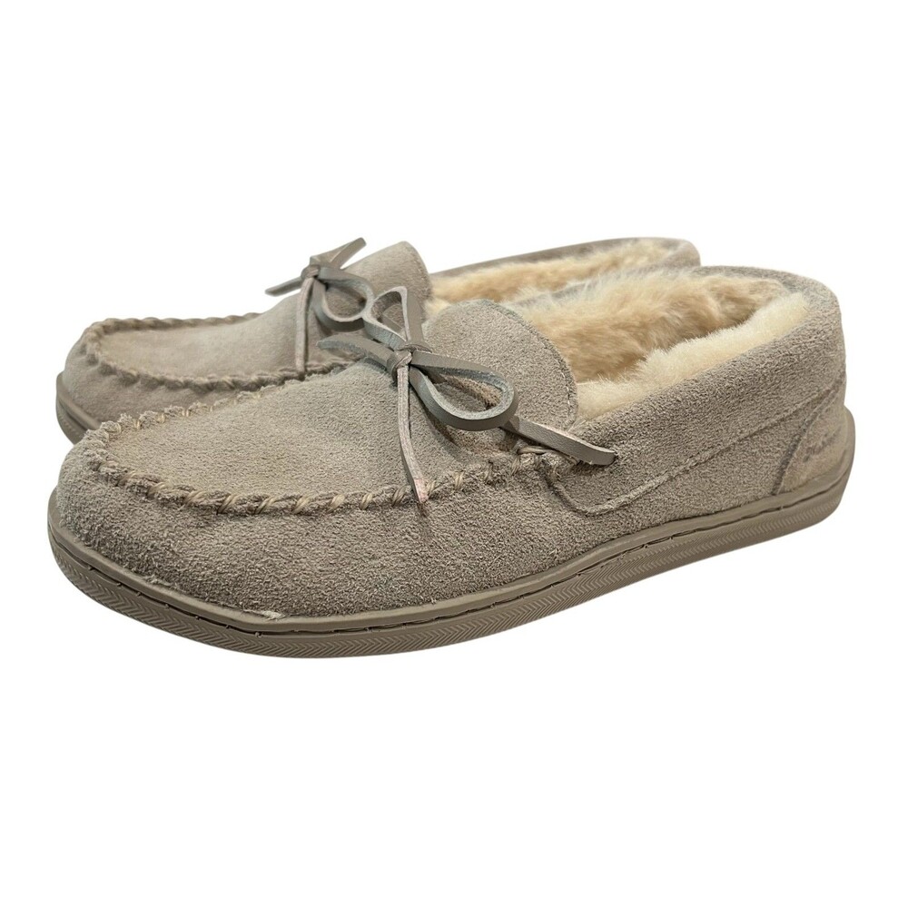 My Slippers Womens Beige Suede Faux Fur Lined Moccasin Slippers  US 7  (Fit 6.5)